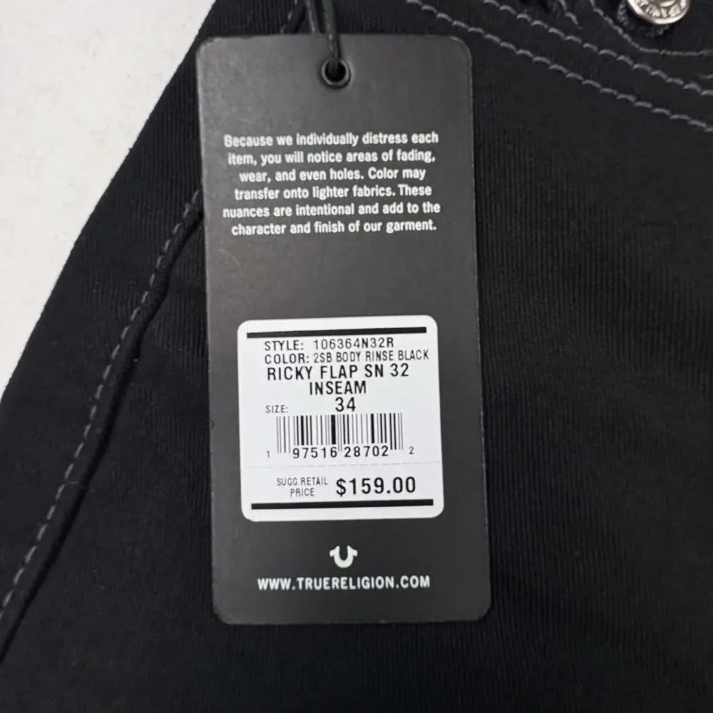 True Religion Ricky Jeans Mens 34x31 Black Relaxed Straight Stretch Denim Rinse